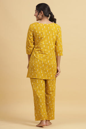 Mustard Yellow & Black Cotton Printed Night suit