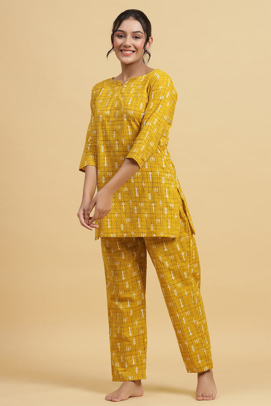 Mustard Yellow & Black Cotton Printed Night suit