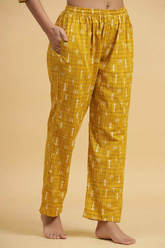 Mustard Yellow & Black Cotton Printed Night suit
