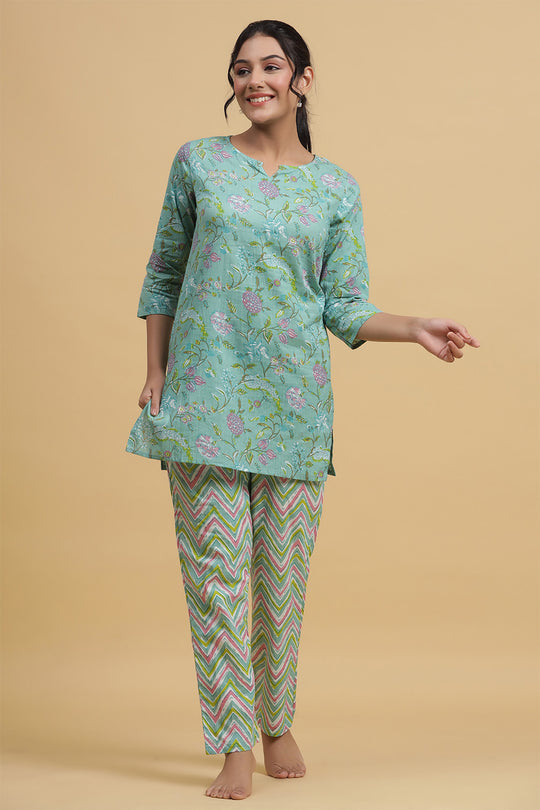 Green Pink Pure Cotton Printed Night suit