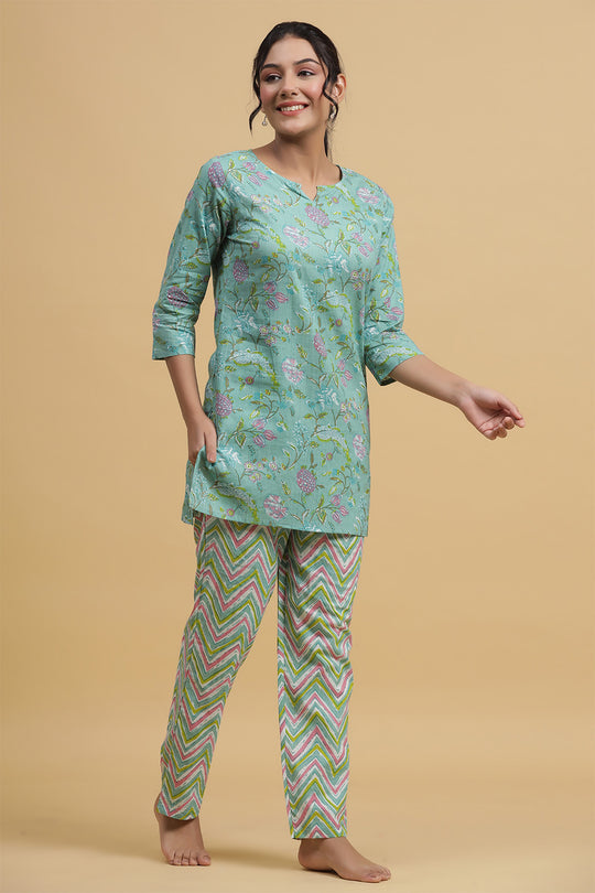 Green Pink Pure Cotton Printed Night suit
