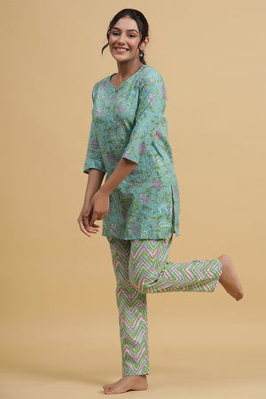 Green Pink Pure Cotton Printed Night suit