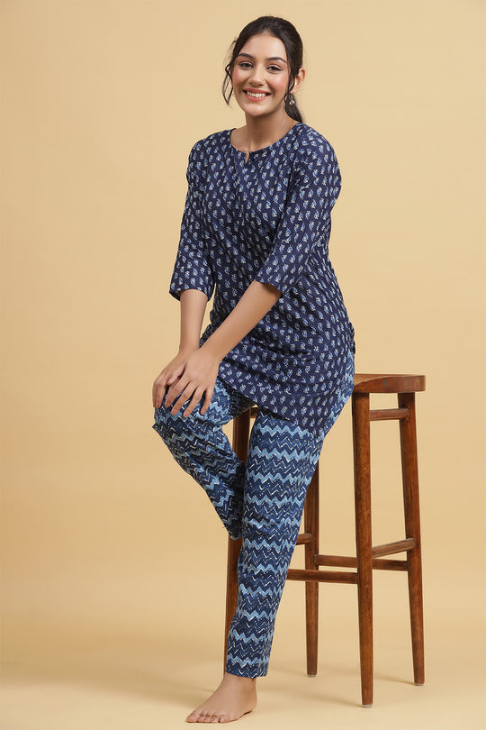Blue Pure Cotton Printed Night suit