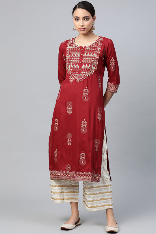 Maroon & White Ethnic Motifs Print Kurta set