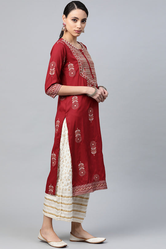 Maroon & White Ethnic Motifs Print Kurta set