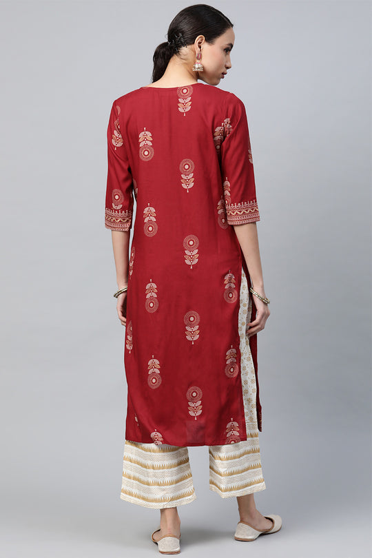 Maroon & White Ethnic Motifs Print Kurta set