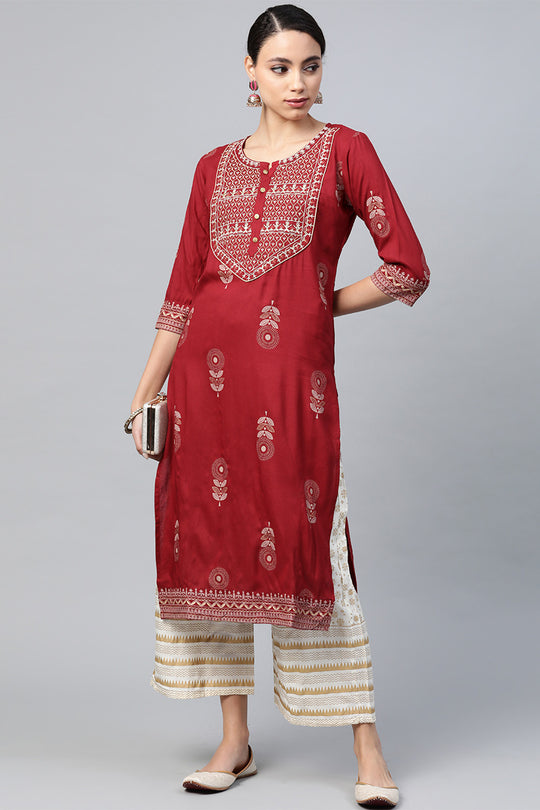 Maroon & White Ethnic Motifs Print Kurta set