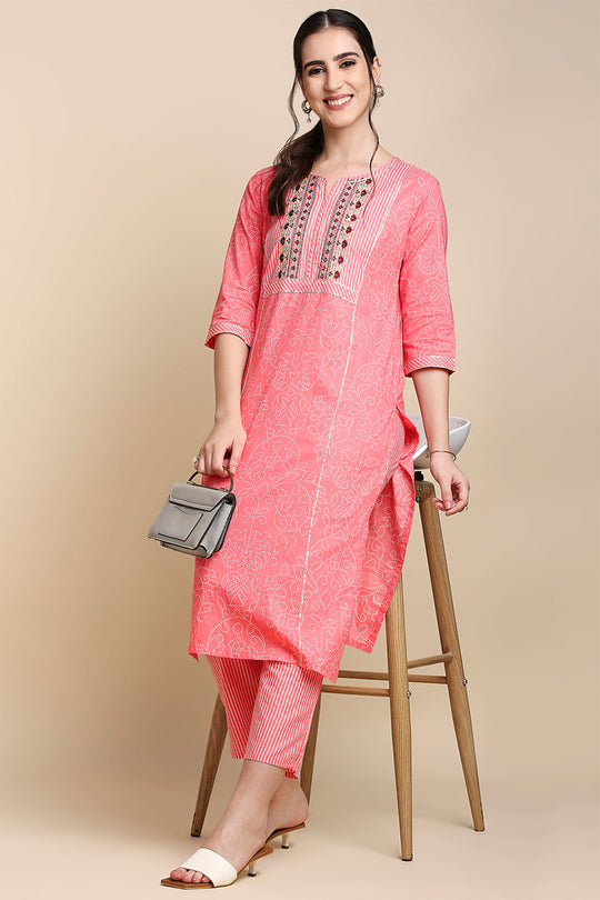 Pink & White Pure Cotton Bandhani Print Kurta set