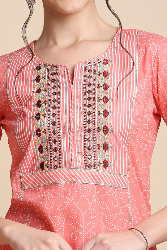 Pink & White Pure Cotton Bandhani Print Kurta set