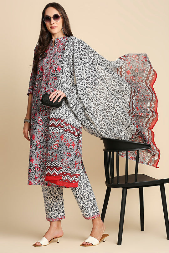 Grey & Pink Pure Cotton Floral Print Kurta set
