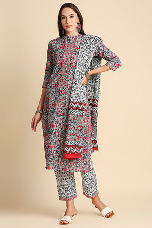 Grey & Pink Pure Cotton Floral Print Kurta set