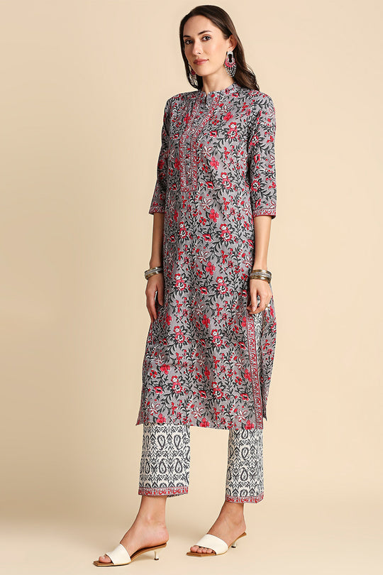 Grey & Pink Pure Cotton Floral Print Kurta set