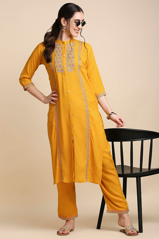 Mustard Yellow & Blue Embroidered Kurta set