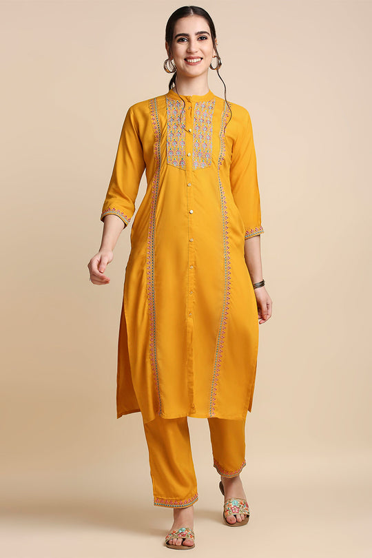 Mustard Yellow & Blue Embroidered Kurta set