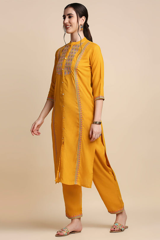 Mustard Yellow & Blue Embroidered Kurta set