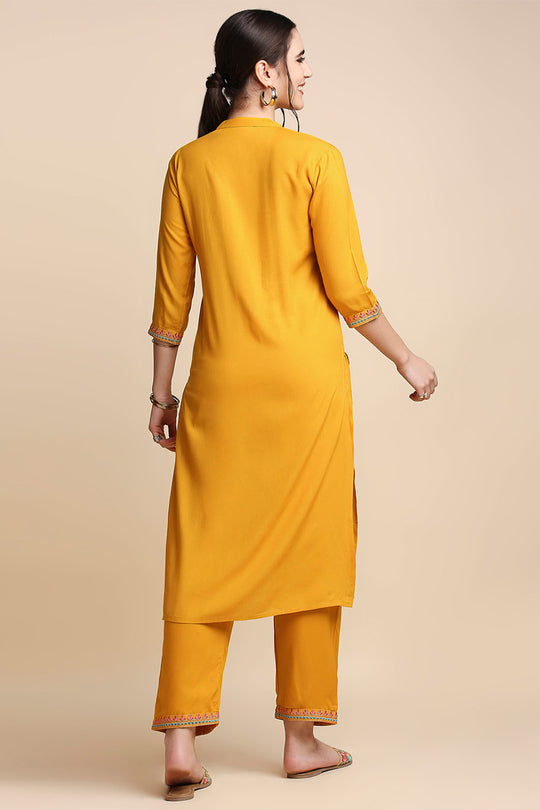 Mustard Yellow & Blue Embroidered Kurta set