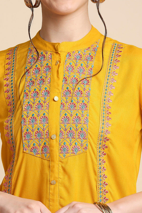 Mustard Yellow & Blue Embroidered Kurta set