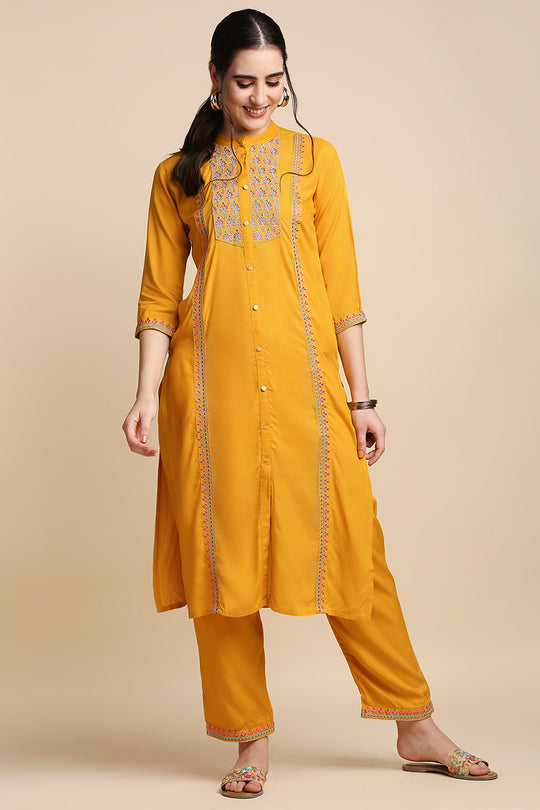 Mustard Yellow & Blue Embroidered Kurta set