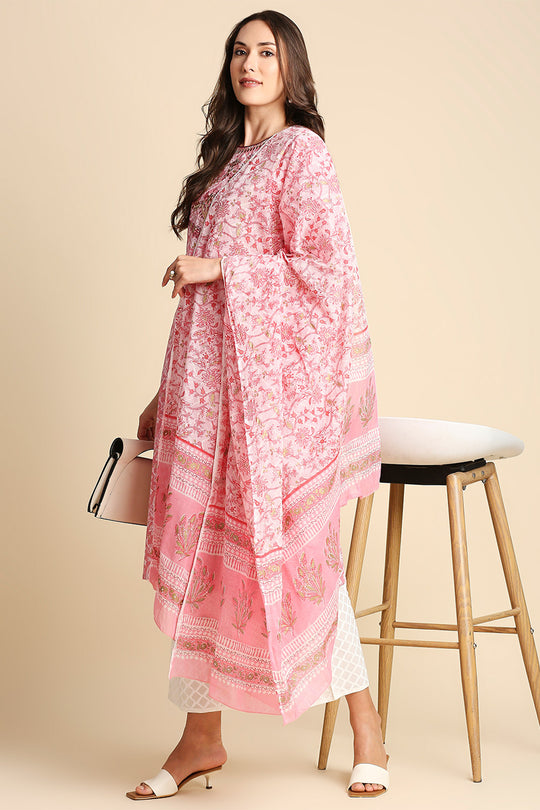Pink Ethnic Motifs Printed Pure Cotton Kurtaset