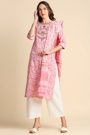 Pink Ethnic Motifs Printed Pure Cotton Kurtaset