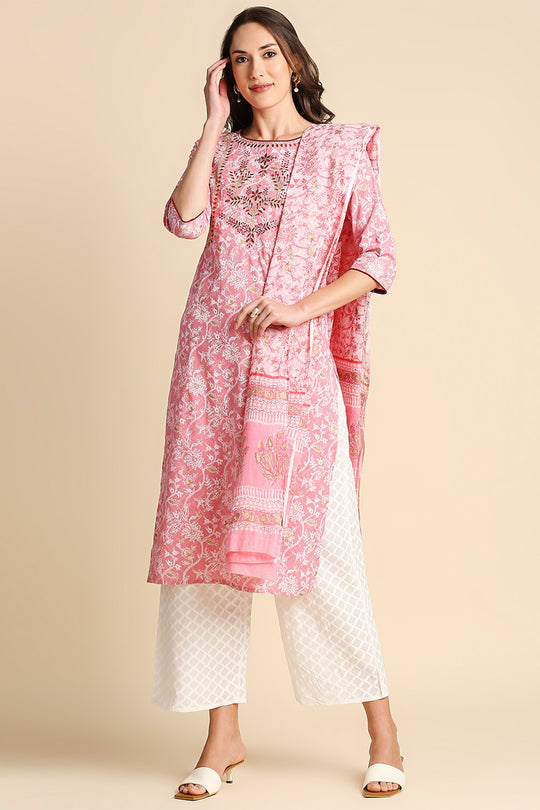 Pink Ethnic Motifs Printed Pure Cotton Kurtaset