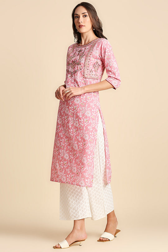 Pink Ethnic Motifs Printed Pure Cotton Kurtaset