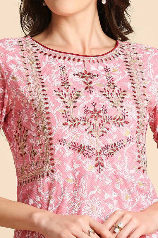 Pink Ethnic Motifs Printed Pure Cotton Kurtaset