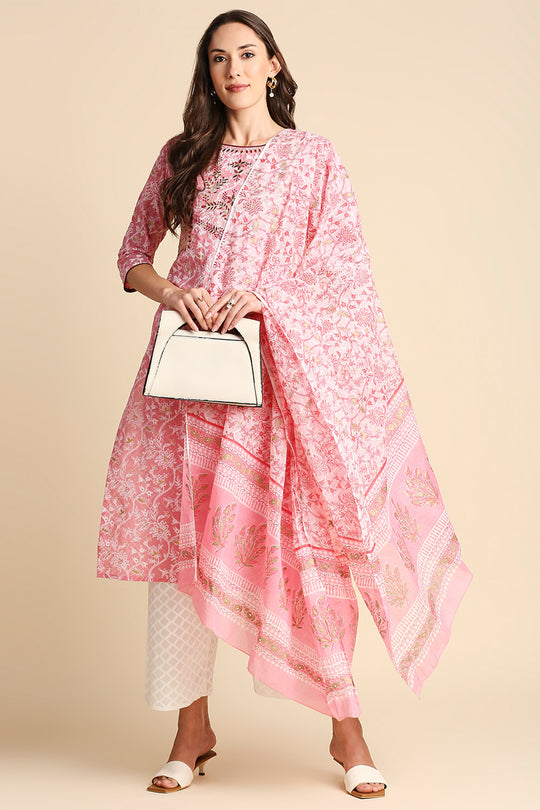 Pink Ethnic Motifs Printed Pure Cotton Kurtaset