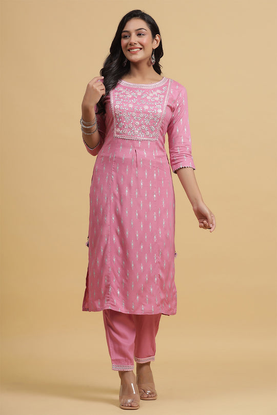 Mauve Ethnic Motifs Yoke Design Regular Mirror Work Kurta set