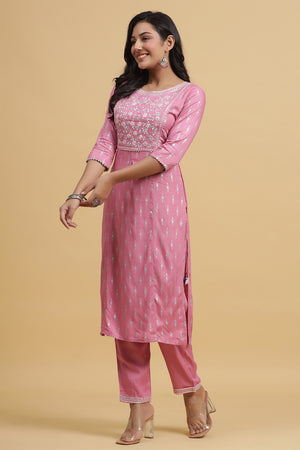 Mauve Ethnic Motifs Yoke Design Regular Mirror Work Kurta set
