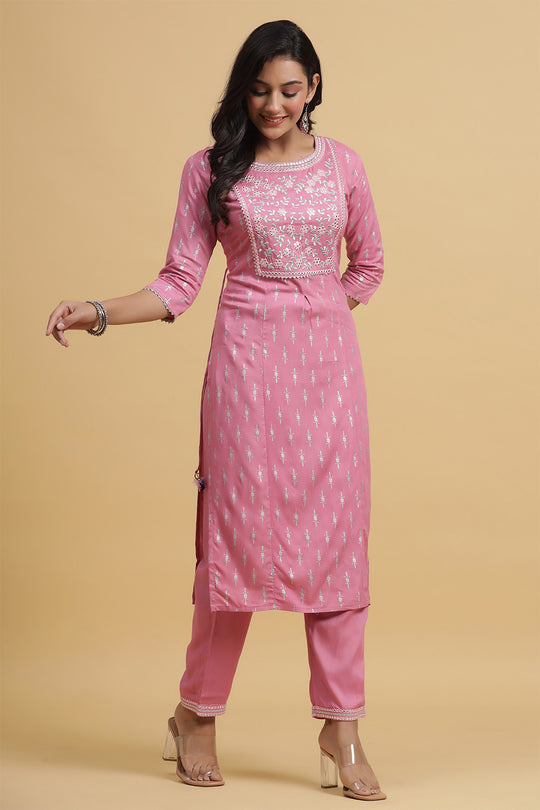 Mauve Ethnic Motifs Yoke Design Regular Mirror Work Kurta set