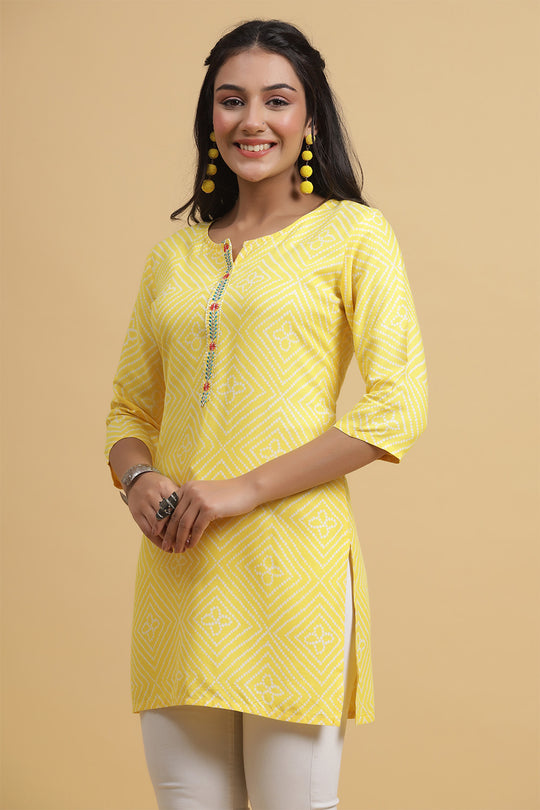 Women's Yellow & White Bandhani Printed Kurti