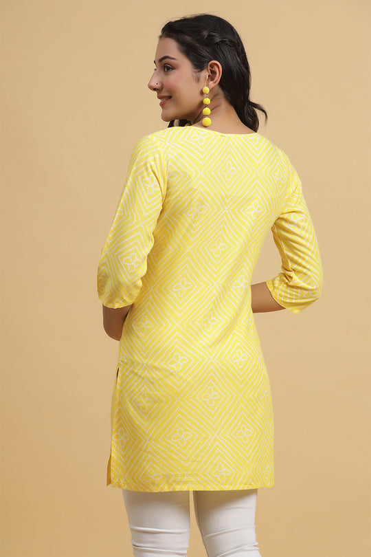 Women's Yellow & White Bandhani Printed Kurti