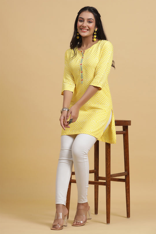 Women's Yellow & White Bandhani Printed Kurti
