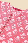 Pink & White Floral Printed Straight Kurti