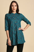 Teal Blue Ethnic Motifs Printed Straight Kurti