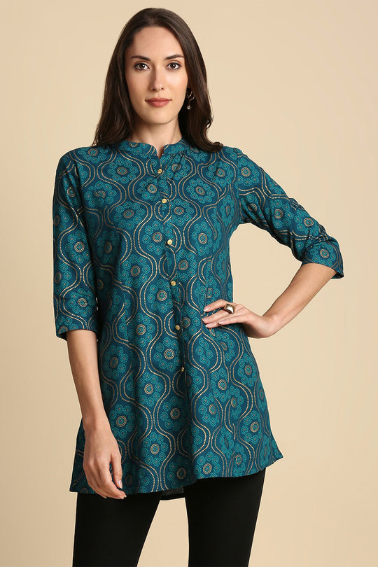 Teal Blue Ethnic Motifs Printed Straight Kurti