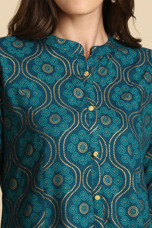 Teal Blue Ethnic Motifs Printed Straight Kurti