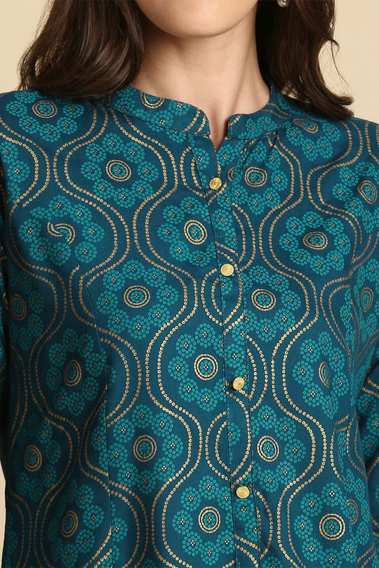Teal Blue Ethnic Motifs Printed Straight Kurti