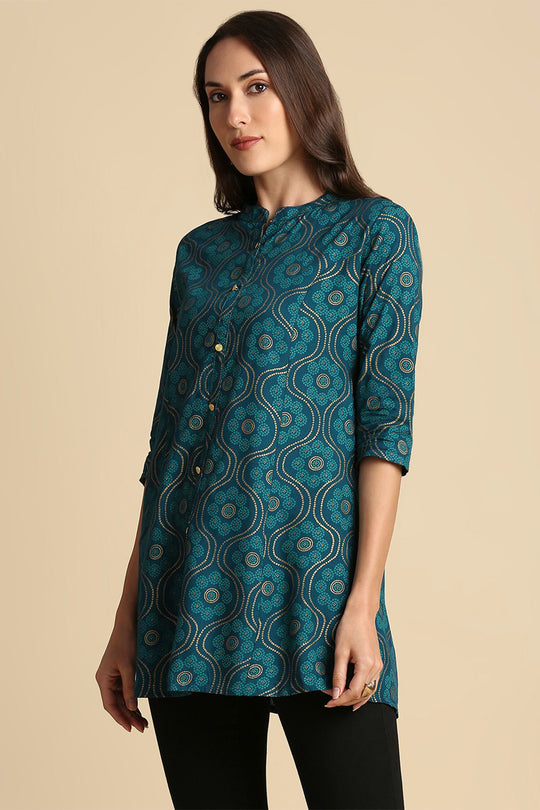 Teal Blue Ethnic Motifs Printed Straight Kurti