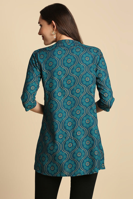 Teal Blue Ethnic Motifs Printed Straight Kurti