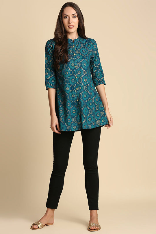 Teal Blue Ethnic Motifs Printed Straight Kurti