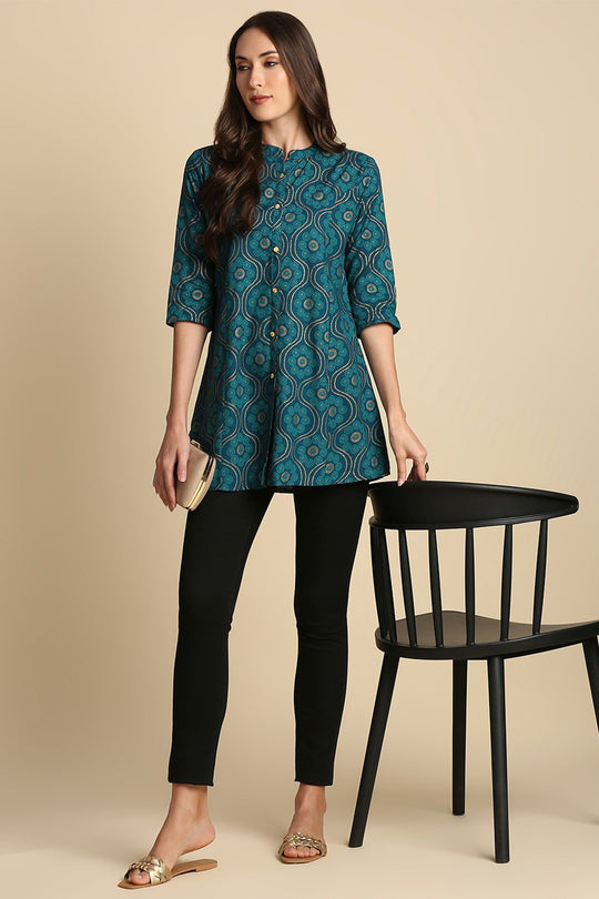 Teal Blue Ethnic Motifs Printed Straight Kurti