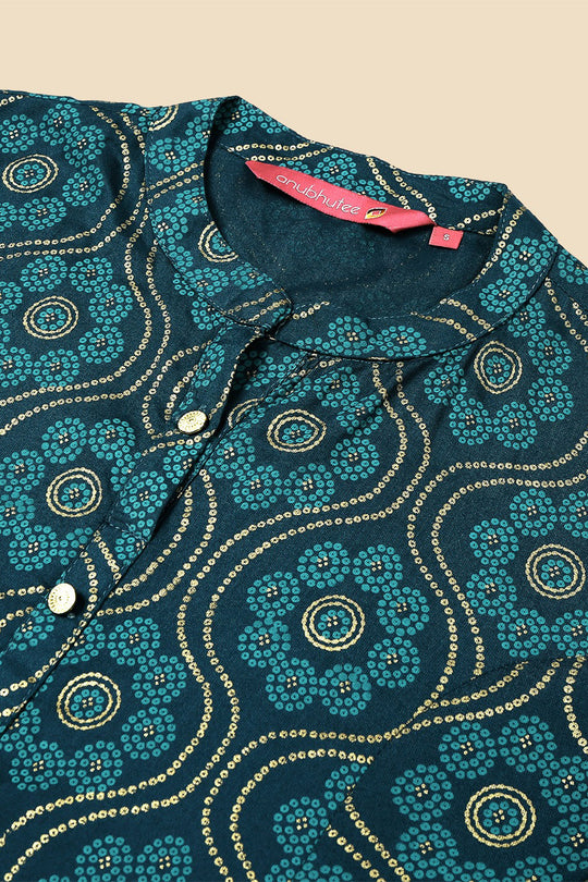 Teal Blue Ethnic Motifs Printed Straight Kurti