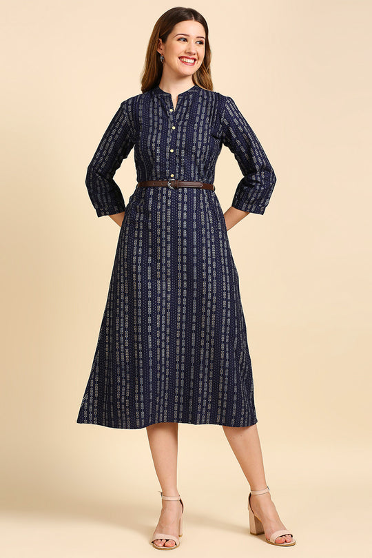 Women's Navy Blue A-Line Midi Dress