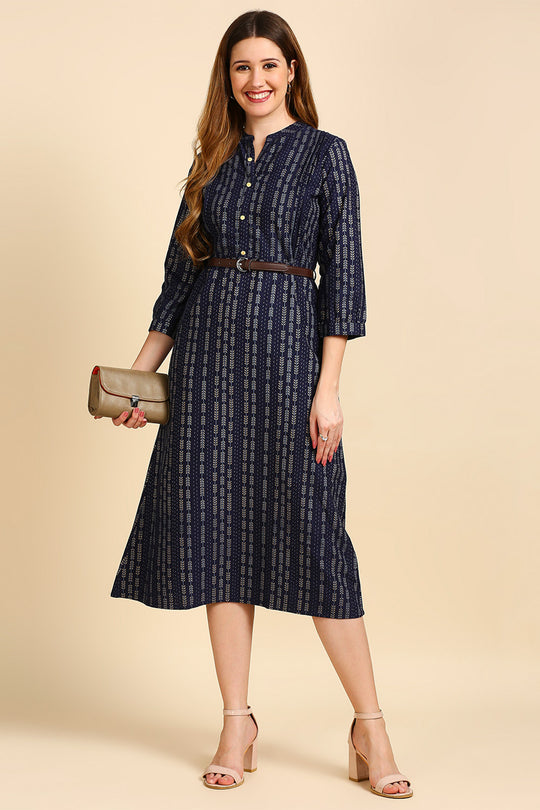 Women's Navy Blue A-Line Midi Dress