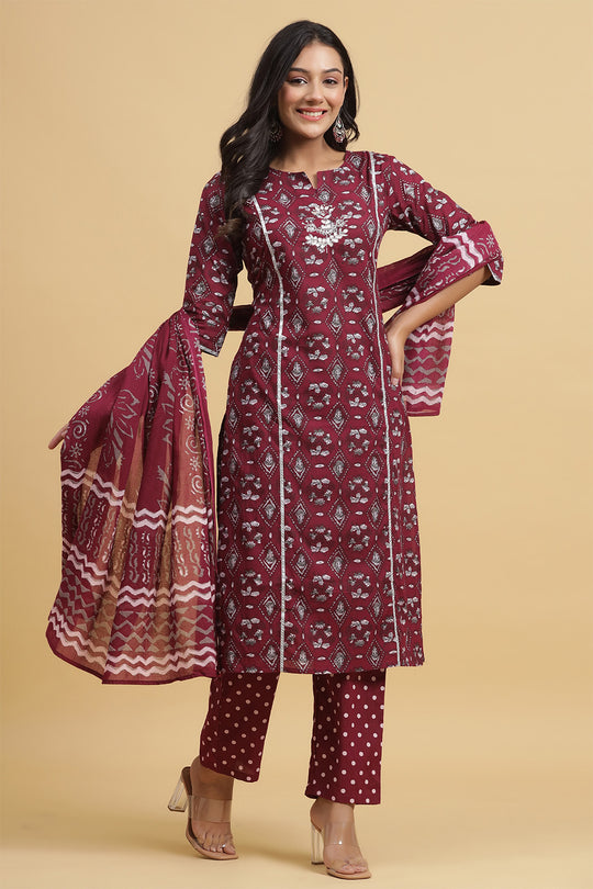 Maroon Ethnic Motifs Thread Work Pure Cotton Kurta set