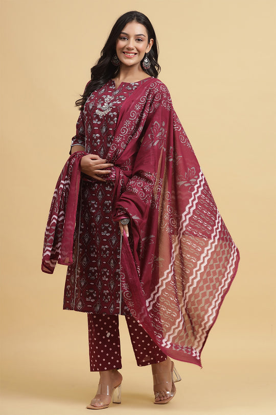 Maroon Ethnic Motifs Thread Work Pure Cotton Kurta set