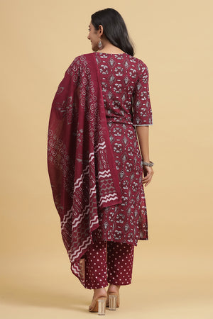 Maroon Ethnic Motifs Thread Work Pure Cotton Kurta set