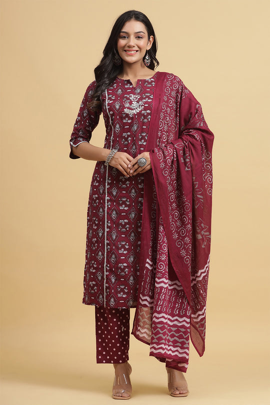 Maroon Ethnic Motifs Thread Work Pure Cotton Kurta set